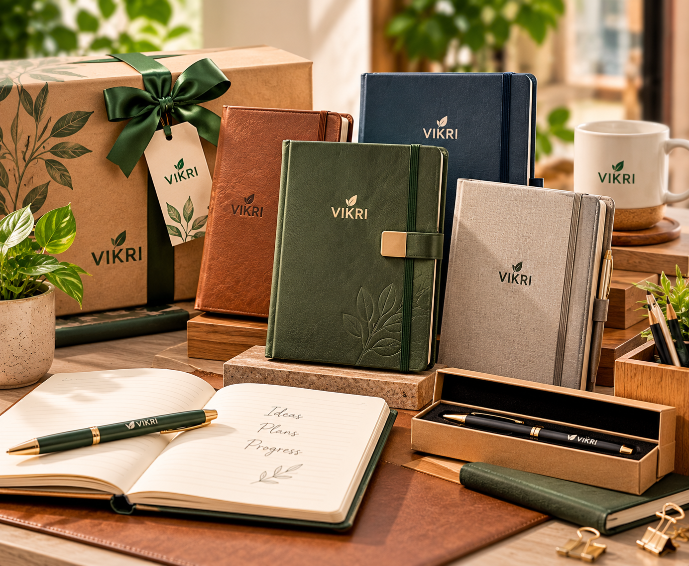 VIKRI customized premium diaries in multiple finishes with matching branded pens